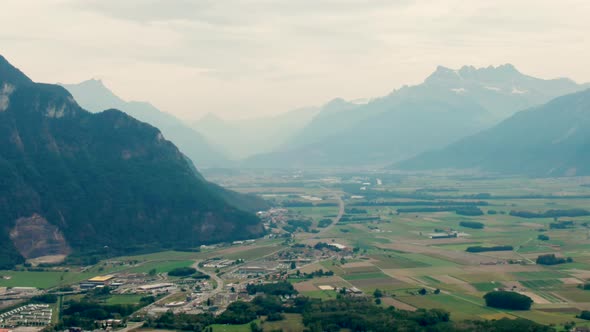 Aerial Panorama of Alps Mountains and Valley Villeneuve Town Switzerland