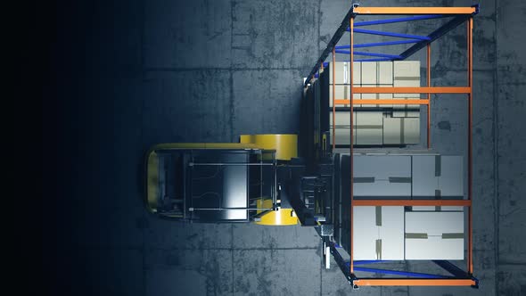 Forklift with a stack of cardboard boxes on a wooden pallet in the warehouse.