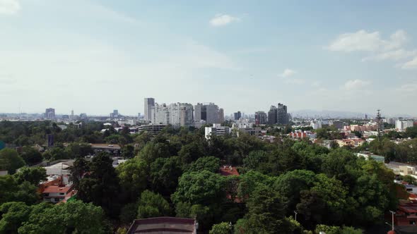 Aerial View Over Treetops In The Coyoacan Borough In Mexico City. Dolly Right
