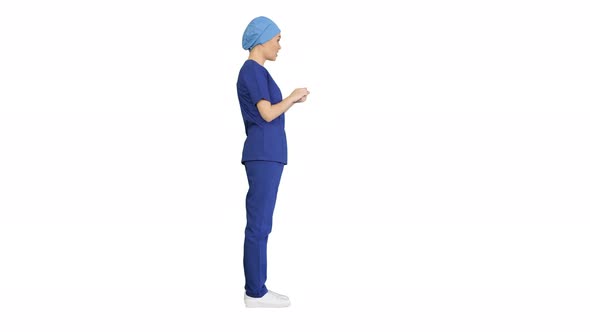 Female Doctor in Blue Uniform Talking About Medical Care on White Background.