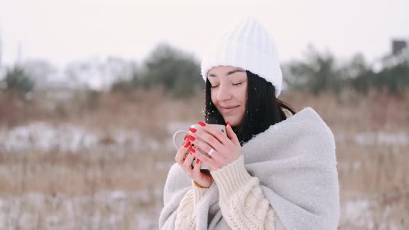 Pretty Young European Woman Winter Portrait Close Up