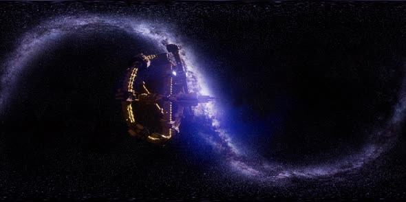 Vr 360 Futuristic Spaceship Flying in Space with Milky Way alt