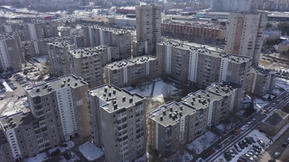 Aerial Panoramic of Downtown Soviet High-Rise Buildings in Vilnius Fabijoniskes District