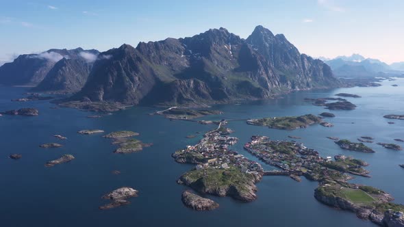 Flight above sea and view on the Henningsvaer fishing village Lofoten Islands,Norway