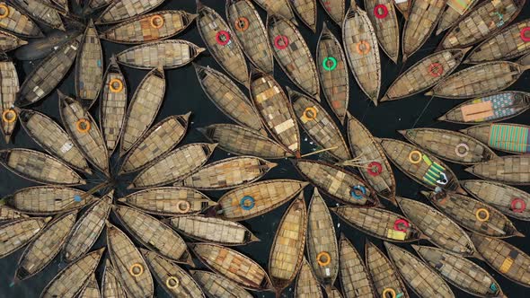 Aerial view of Wooden fishing boats along the Buriganga, Dhaka, Bangladesh.