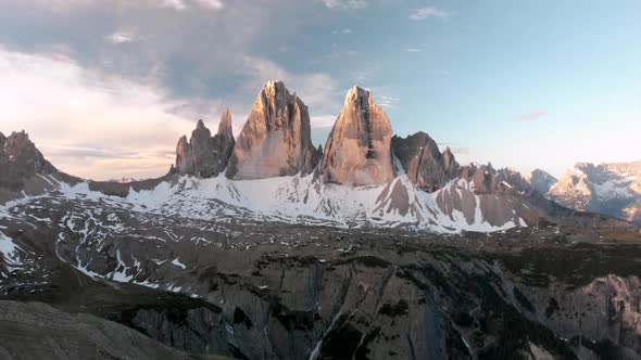 Aerial Flying Over Tre Cime di Lavaredo Mountain in Dolomites Alps Italy