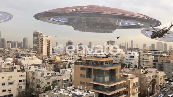 Alien Spaceships Over City Invasion