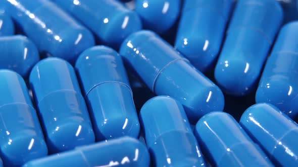 Group of Blue Medical Pills, Rotation, Close Up