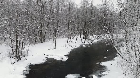 Snowcovered Winter Landscape with a Nonfreezing River Aerial View