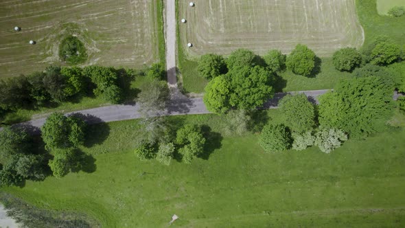 Aerial Top Down Static View of Countryside Rural Road-Trail intersection, Paved Road and Narrow Empt