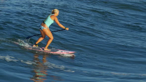 A young woman SUP surfing in a bikini on a stand-up paddleboard surfboard.