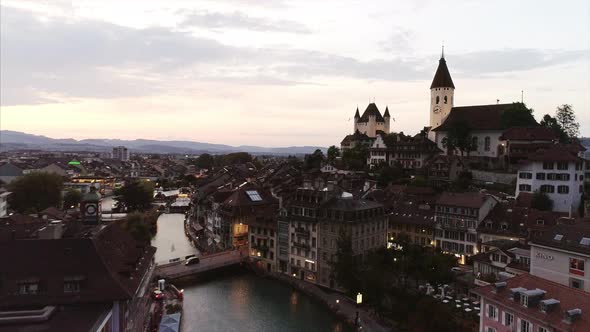 Lowering Aerial Shot of Thun Old Town Bern Switzerland 