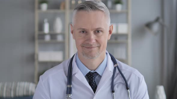 Portrait of Smiling Positive Doctor with Grey Hairs