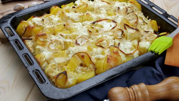 Rotating Table with Potatoes on a Baking Sheet