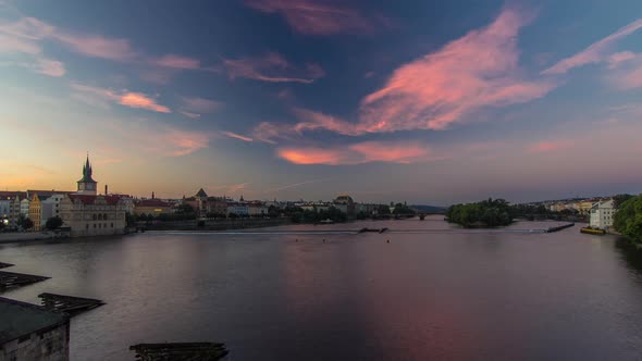 View From Charles Bridge in Prague Before the Sunrise Night to Day Timelapse Bohemia Czech Republic