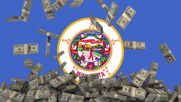 US Dollars falling in front of Minnesota State Flag