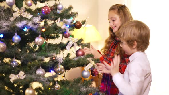 Portrait of Happy Caucasian Sister and Brother Admiring Decorated Christmas Tree in Living Room