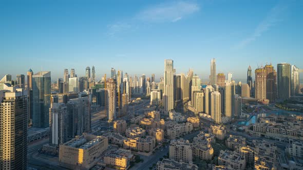 Time lapse of Dubai Downtown skyline, highway roads or street in United Arab Emirates or UAE