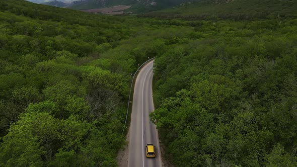 A Car Drives Down a Paved Road in a Mountainous Area That Cuts Through a Forest