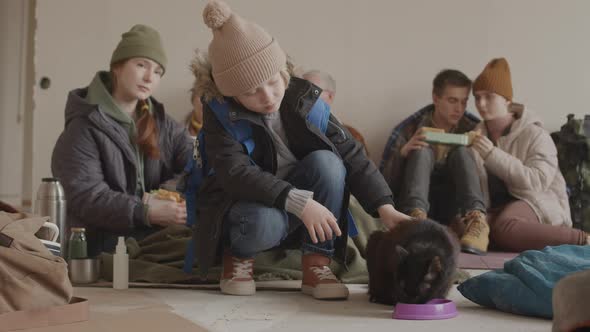 Little Boy Petting Homeless Cat in Asylum for Refugees