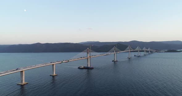 Aerial view of Peljeski bridge, Ston in Croatia.