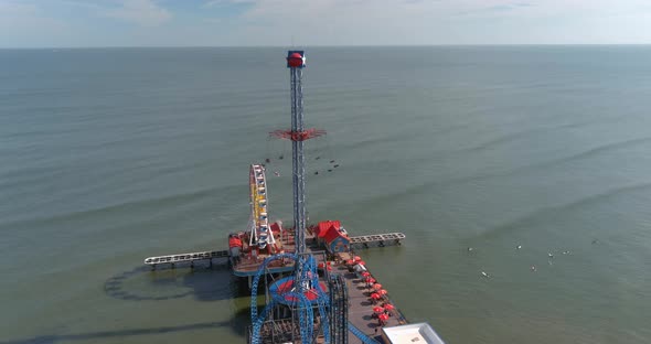 Aerial view of Pier off the coastal area of Galveston Island Texas