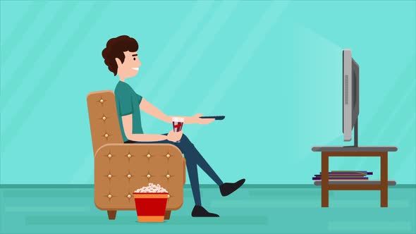 Man Sitting On Sofa Watching Movie On Tv