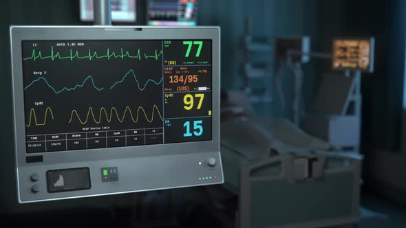 Modern machine is checking the vital signs of the coma patient at the clinic alt