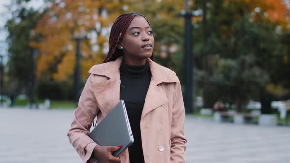 Young Confident Female Student Successful Businesswoman Walking Outdoors Holding Laptop Attractive