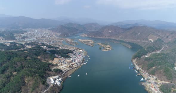 Aerial Drone Footage Flying Over River In Nami Island, Seoul, South Korea