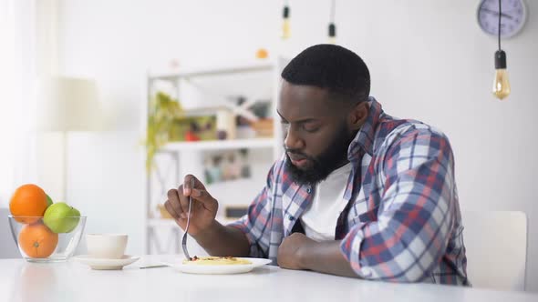 Afro-American Man Refusing Tasteless Lunch, Psychological Problems, Depression