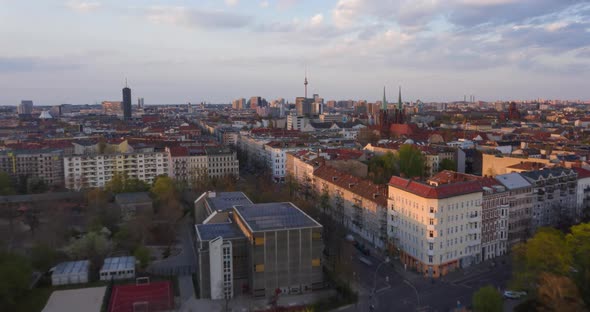 AERIAL: Beautiful Sunset Drone Hyper Lapse, Motion Time Lapse Over Berlin Cityscape with