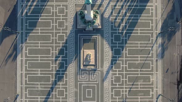 Top-down aerial view of Heroes' Square (Hosok tere) in Budapest, Hungary