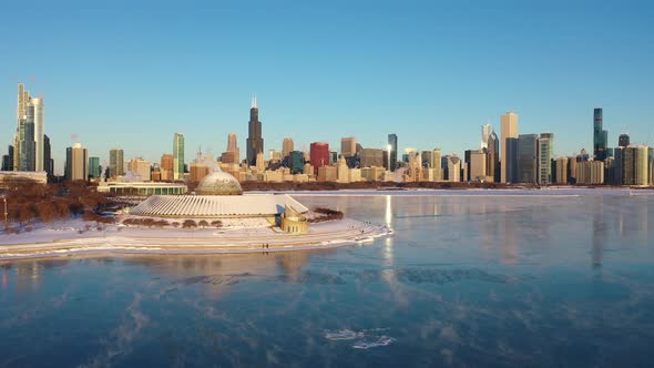 Cinematic Shot of Chicago Skyline During Polar Vortex 