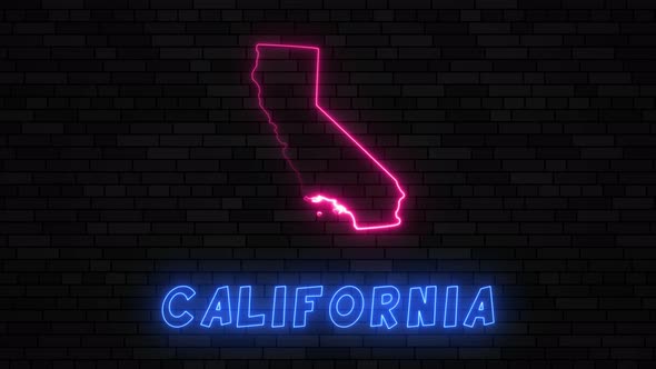 State of California map silhouette with neon line on a dark brick wall background