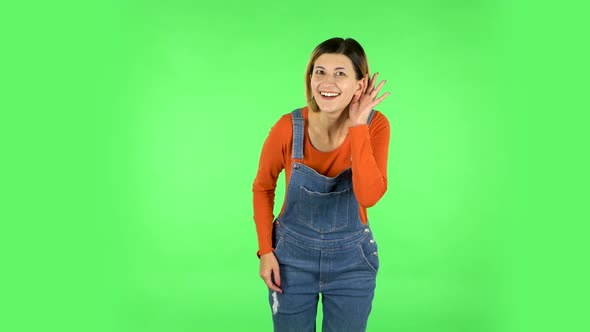 Woman Holding Hand Near Ear Trying To Listen To Interesting News Expressing Communication Concept