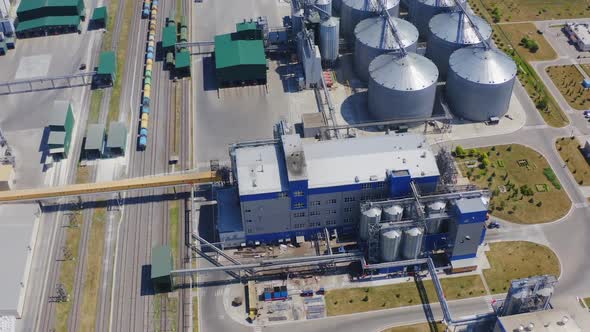 Industrial grain elevator. Aerial drone view of large granary