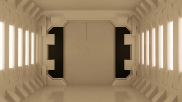 Science fiction 3d concept. Futuristic corridor with the sliding door module.