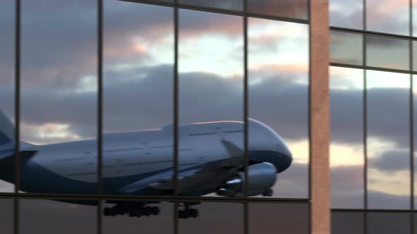 Airplane Takes Off in Reflections of Airport Windows