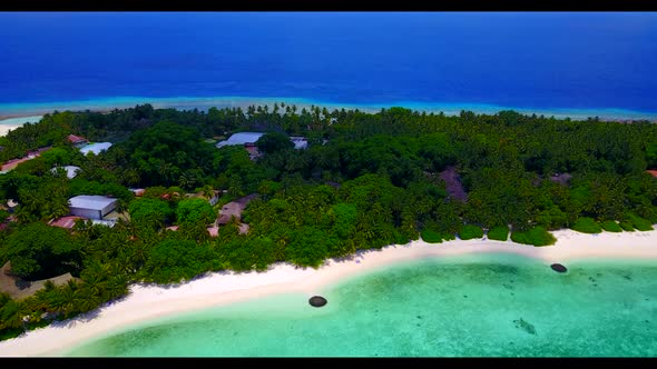 Aerial drone travel of exotic lagoon beach break by blue ocean with white sand background of a dayou