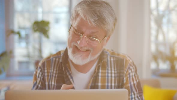 Senior Bearded Man Clench Fist and Smiling Receiving Good News on Laptop