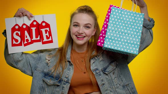 Happy Student Girl Showing Sale Inscription Banner Text Advertising Discounts Low Holidays Prices