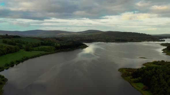 Aerial view over Irish landscape at sunrise