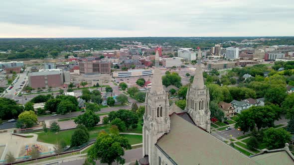 Panoramic view from above church in Sioux Falls, South Dakota. Residential neighborhood nearby.