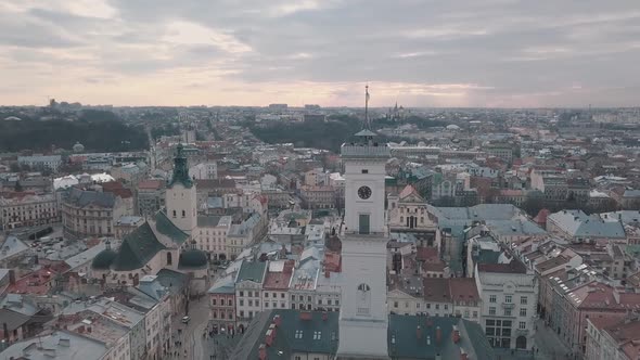 Aerial Panorama of the Ancient European City Lviv, Ukraine. Town Hall, Ratush