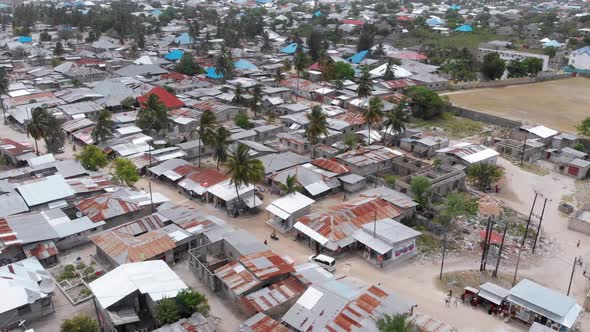 Aerial View African Slums Dirty House Roofs of Local Village Zanzibar Nungwi