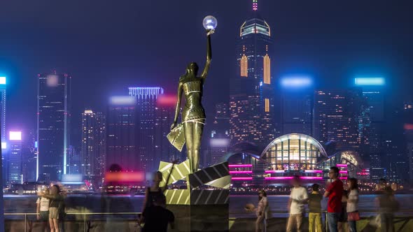 Bronze Statue of Hong Kong Film Awards and Skyline in Avenue of Stars Timelapse Hyperlapse