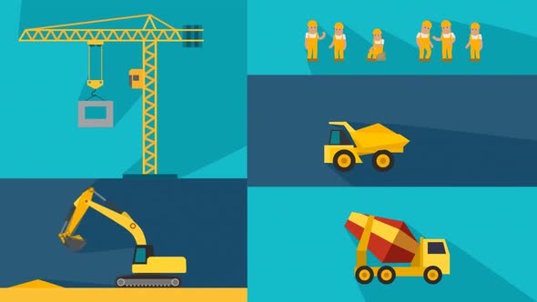 Building Construction Site with animated colorful machines and workers montage.