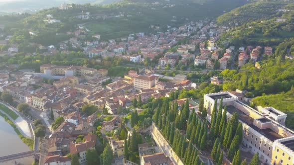 Panorama of Verona historical city centre, bridges across Adige river.Castel San Pietro and park.