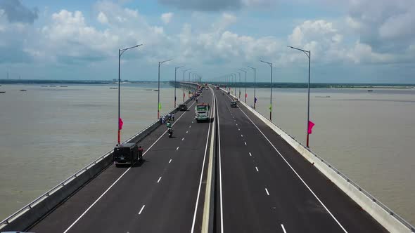 Aerial view of Padma bridge, over the Padma river by day, Dhaka, Bangladesh.